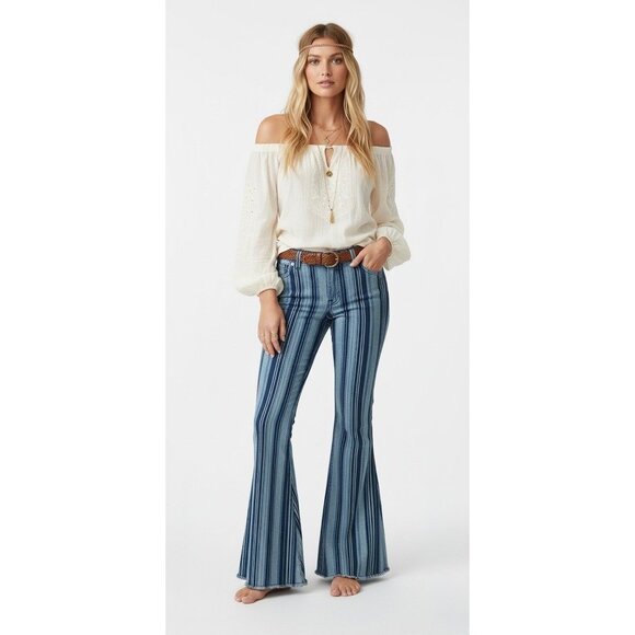 RARE NWT Free People Blue Stripe Super Flare Bell Bottom Jeans Boho Hippie Retro - Picture 2 of 16